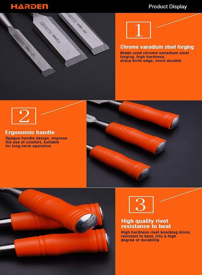 Harden 3Pcs (13mm, 19mm, 25mm) Durable Woodwork Wood Carving Chisel Set - CRV Steel, Sharp Edge; Ergonomic Handle - 611001 - Image 3